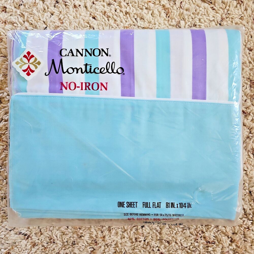 Cannon Monticello Aqua Blue Muslin Full Flat Sheet NEW Vtg MCM Purple Stripe